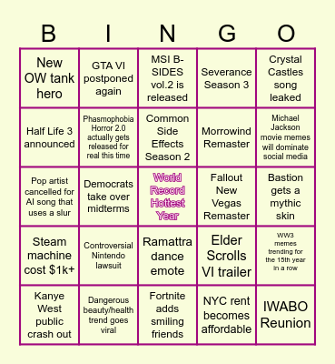 2026 Predictions Bingo Card