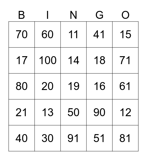 NUMBERS Bingo Card