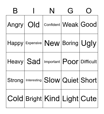 Adjectives Bingo Card