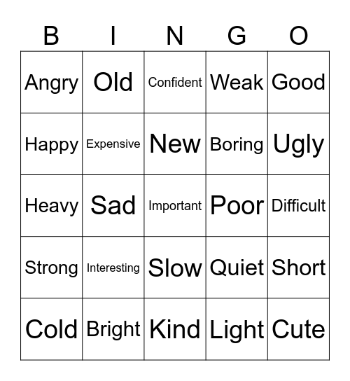 Adjectives Bingo Card