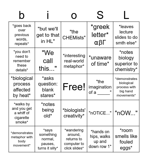 bio SL Bingo Card