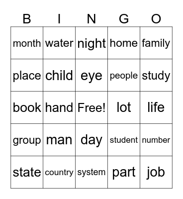 Nouns bingo Card