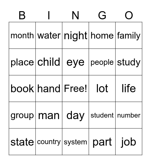Nouns bingo Card