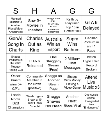Shaggedy Shack 2026 End of Year Bingo Card
