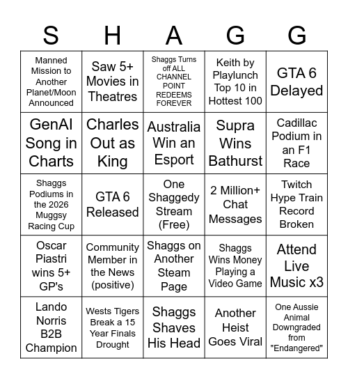 Shaggedy Shack 2026 End of Year Bingo Card