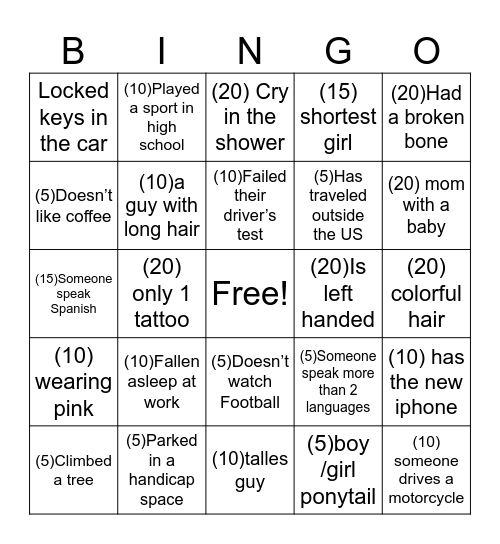 Party game Bingo Card