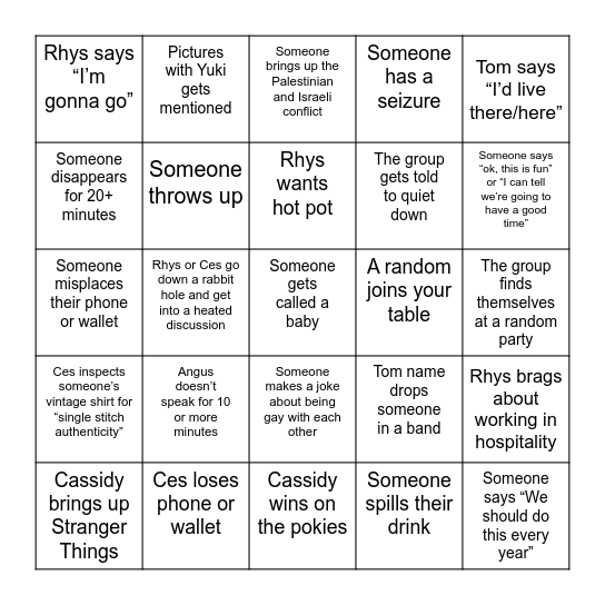 ANGUS’ BUX PARTY PUB BINGO Card
