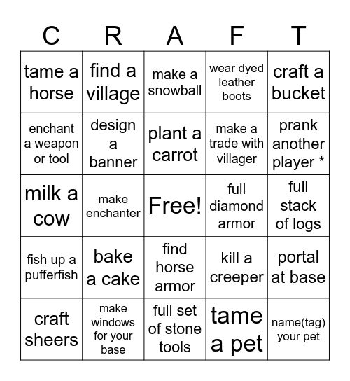 Minecraft Bingo (easy) Bingo Card