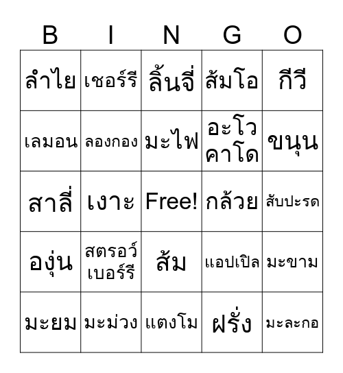 ชื่อผลไม้ Bingo Card