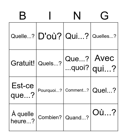 Les mots interrogatifs Bingo Card