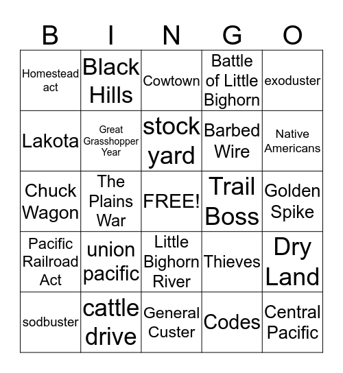 Cow Town Bingo Card