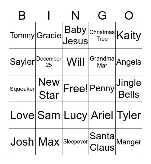 Grandma Mar's Christmas Bingo Card