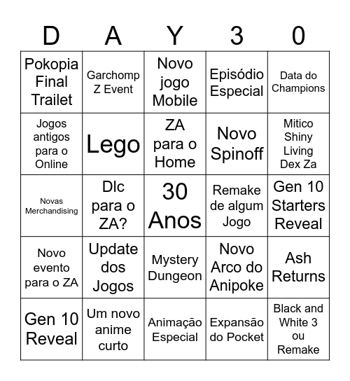 Pokémon Day 30 Bingo Card