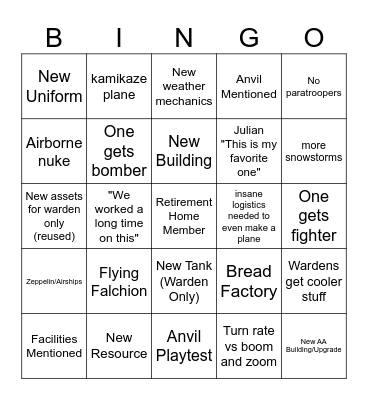 Foxhole Airborne Update Bingo Card