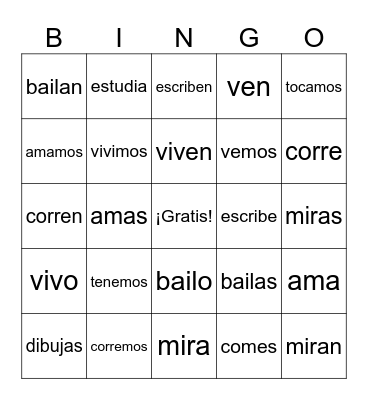 Verbs Bingo Card