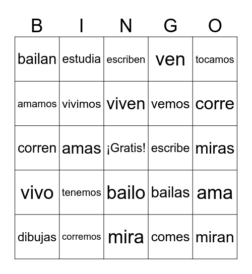 Verbs Bingo Card