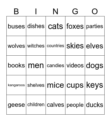 Plural Nouns Bingo Card