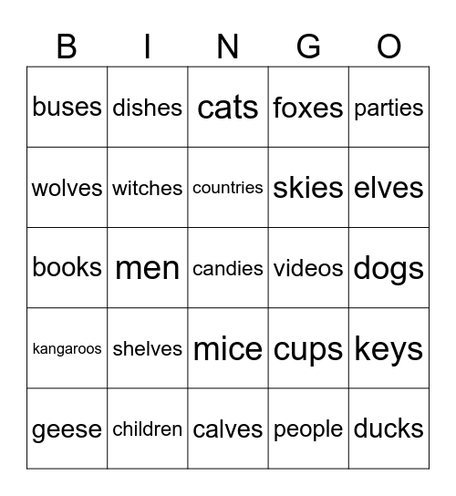 Plural Nouns Bingo Card