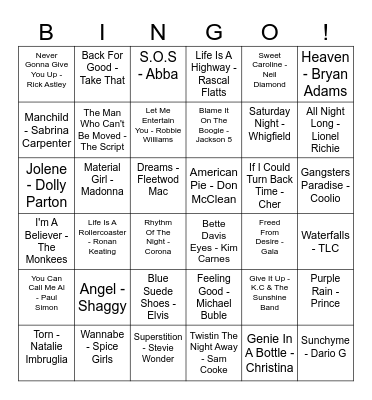 Our House Musical Bingo Card