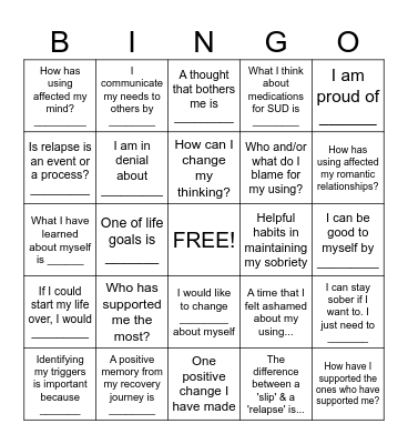 Substance Abuse Recovery BINGO Card
