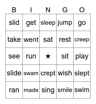 Action Words Bingo Card