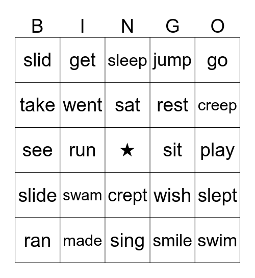 Action Words Bingo Card