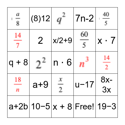 Algebraic Expression BINGO Card