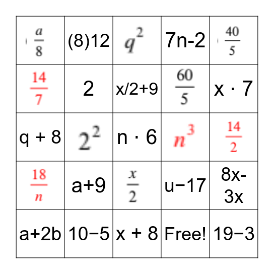 Algebraic Expression BINGO Card