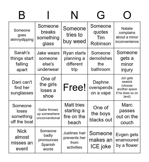 Roatan Bingo Card