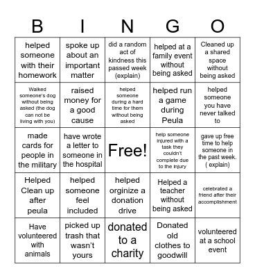 Helping hands  bingo Card