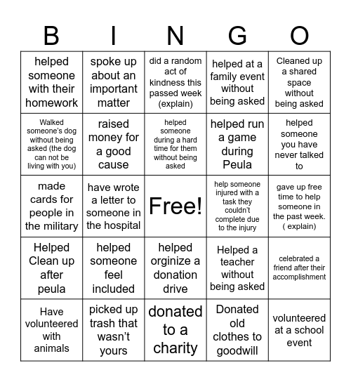 Helping hands  bingo Card