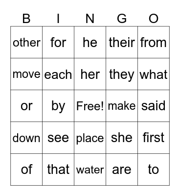 Word Wall Words Bingo Card
