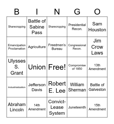 Civil War & Reconstruction Bingo Card