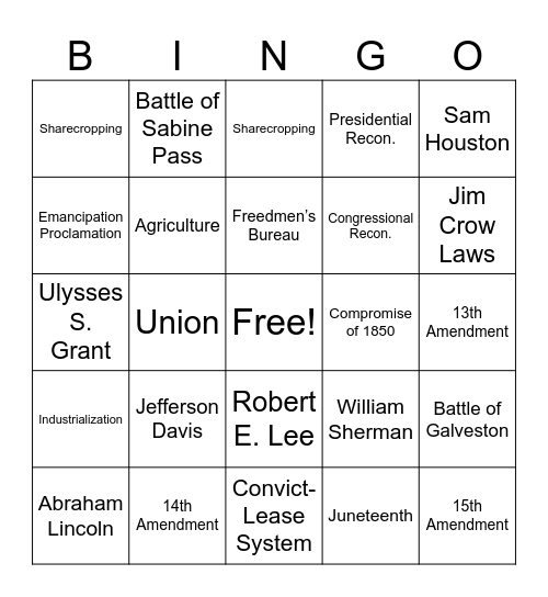 Civil War & Reconstruction Bingo Card