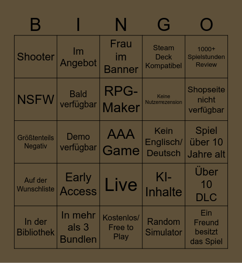Steam Bingo Card