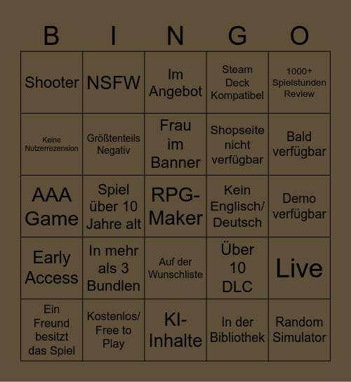 Steam Bingo Card