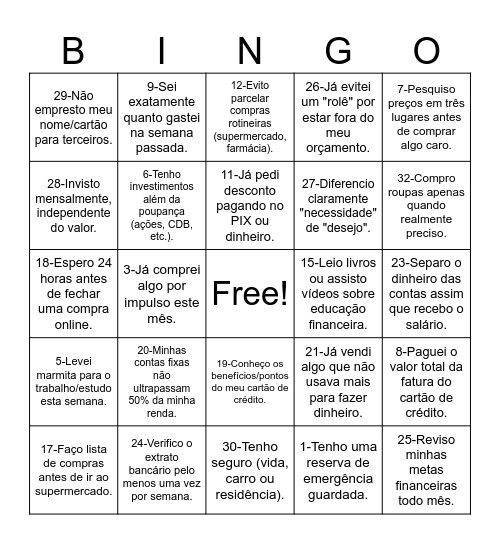Educação Financeira Bingo Card