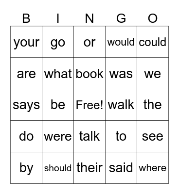 Irregular Word Bingo Card