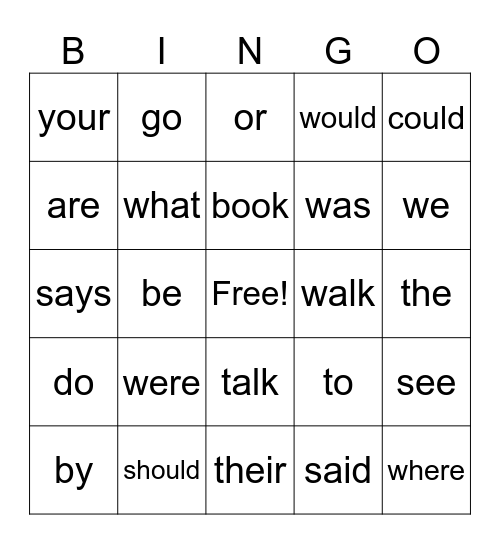 Irregular Word Bingo Card
