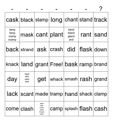 Word Fam Bingo (amp, and, ant, ack, ash, ask) Bingo Card
