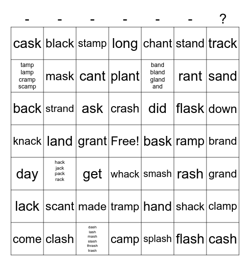 Word Fam Bingo (amp, and, ant, ack, ash, ask) Bingo Card