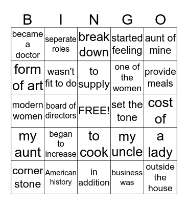 Women's Work  Bingo Card