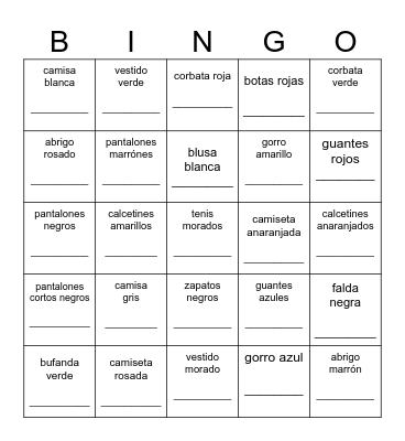 Color/Clothing Warm-Up Bingo Card