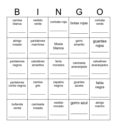 Color/Clothing Warm-Up Bingo Card