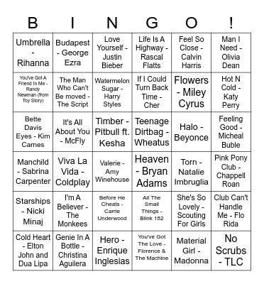 Our House Musical Bingo Card