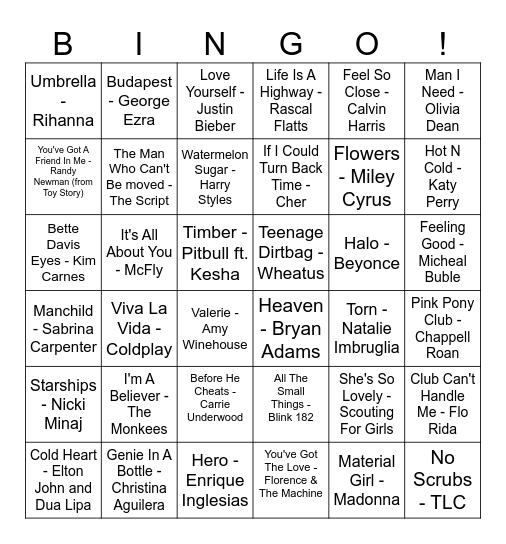 Our House Musical Bingo Card
