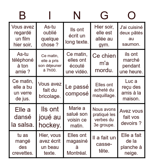 Je connais le passé composé. Bingo Card