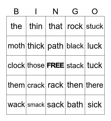 Consonant Digraphs th/ck Bingo Card