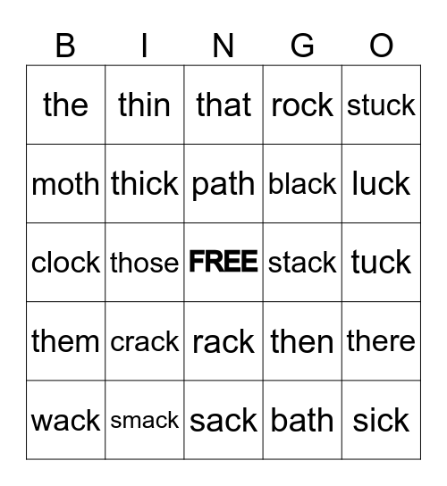 Consonant Digraphs th/ck Bingo Card