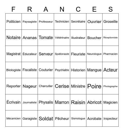 Les fruits 01 Bingo Card